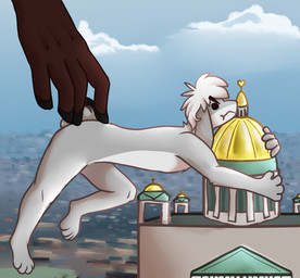 ambiguous_gender anthro building church city duo grabbing grumpy long_ears macro male zokimaga bun_morozov fledge_(railjunkey) equid equine horse lagomorph leporid mammal rabbit hi_res