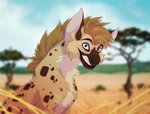 amare_marzulli ambiguous_gender antrague detailed_background digital_media_(artwork) feral fur gradient_background hair hyena looking_at_viewer mammal outside savanna simple_background smile smirk solo spotted_hyena teeth