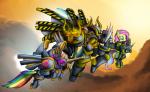 abstract_background adeptus_astartes armor big_eyes biped chaos_space_marine claws cosplay crossover_cosplay female feral feral_armor flying fur furgonomics glowing group hazard_stripes holding_object holding_weapon long_tail machine mane mechanical_wings multicolored_tail power_armor purple_mane purple_tail quadruped rainbow_tail size_difference sky space_marine spread_wings tail teal_eyes weapon wings yellow_body yellow_fur eztp friendship_is_magic hasbro my_little_pony mythology warhammer_(franchise) warhammer_40000 fan_character fluttershy_(mlp) iron_warrior rainbow_dash_(mlp) equid equine mammal mythological_creature mythological_equine pegasus crossover