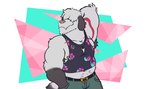 anthro armpit_hair barazoku belly_tuft belt body_hair bottomwear clothing covered_eyes flower fur grey_body grey_fur hair hair_over_eye hand_in_pocket hands_behind_head male markings muscular muscular_arms navel nipples one_eye_obstructed pants pink_nose plant pockets raised_arm red_markings shaggy_hair shark_tooth_necklace shirt simple_background solo tank_top topwear tuft ramitas lalo_(ramitas) canid canine canis domestic_dog herding_dog mammal pastoral_dog 2022 absurd_res colored digital_media_(artwork) hi_res