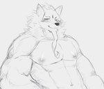 anthro beard biceps eyebrows facial_hair fur male muscular muscular_anthro muscular_male nipple_piercing nipples pecs piercing shirtless solo thick_eyebrows hoang_nguyen sdorica law_(sdorica) canid canine canis mammal wolf 2021 hi_res sketch