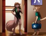 2018 4_toes 5_fingers adobe_photoshop_(artwork) anthro bag barefoot basitin biped black_clothing blush bottomless breasts brown_body brown_eyes brown_fur brown_hair canid canine canis casual_exposure chest_tuft claws cleavage clothed clothing colored conditional_dnp digital_media_(artwork) digitigrade duo feet female fingers fur gesture grey_eyes hair hand_on_hip heterochromia hi_res holding_object inside keidran keith_keiser mammal natani necktie open_clothing open_shirt open_topwear partially_clothed seductive shirt smile stare tail tail_boner tail_gesture text toe_claws toes tom_fischbach topwear tuft twokinds url wolf