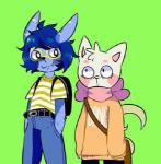 backpack belt clothing duo eyewear glasses jumper neck_bow neckwear shirt simple_background topwear hellafluffy_(artist) fluffy_(character) wffl_(character) bat mammal low_res