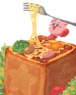 ambiguous_gender black_eyes blue_eyes cutlery earless feet food fork fur glistening glistening_eyes hands_up happy holding_fork holding_object jumping kitchen_utensils looking_at_food looking_at_object noseless not_furry open_mouth open_smile pink_body pink_fur red_feet rosy_cheeks simple_background smile solo star text tools toony white_background ara_love_kirby kirby_(series) nintendo kirby alien waddling_head 2024 4:5 colored digital_drawing_(artwork) digital_media_(artwork) digital_painting_(artwork) hi_res painting_(artwork)