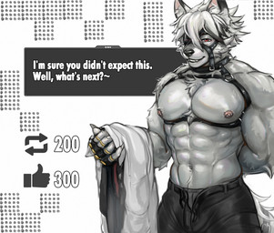 anthro belt bottomwear chest_tuft clothing collar fingerless_gloves front_view fur gloves hair halter hand_behind_back handwear harness holding_clothing holding_object holding_shirt holding_topwear male male_anthro muscular muscular_anthro muscular_male muzzle_(object) muzzled nipple_piercing nipples open_belt pants pecs piercing red_eyes shirt simple_background smile solo standing topwear tuft undressing undressing_self white_background white_body white_fur white_hair angelpi mihoyo zenless_zone_zero von_lycaon canid canine canis mammal wolf hi_res