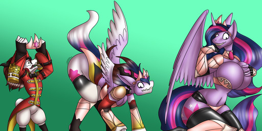 anthro armor bent_over big_breasts black_clothing black_latex black_legwear black_thigh_highs body_size_growth bottomwear breasts brown_hair clothed clothed_anthro clothed_female clothed_male clothing crown cutie_mark feathered_wings feathers featureless_breasts female gender_transformation green_background hair headgear horn huge_breasts kneeling latex latex_clothing latex_legwear latex_thigh_highs legwear linear_sequence long_hair male mtf_transformation pants purple_hair simple_background size_transformation skimpy solo species_transformation tail thick_thighs thigh_highs tiara transformation transformation_sequence unconvincing_armor white_body white_bottomwear white_clothing white_pants wings koekoek friendship_is_magic hasbro my_little_pony mythology chime_(lotusgoetia) twilight_sparkle_(mlp) equid equine mammal mythological_creature mythological_equine unknown_species winged_unicorn 2025 hi_res