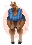 2022 anthro bent_over big_breasts blonde_hair bottomwear breasts cleavage clothed clothing cutoffs daisy_dukes denim denim_bottomwear denim_clothing dialogue draft_horse equid equine female flannel_shirt freyja_(hrossavit) fully_clothed hair hi_res hooves horse hotpants huge_breasts huge_hips looking_at_viewer mammal narrowed_eyes redpixie shorts smile solo thick_thighs wide_hips