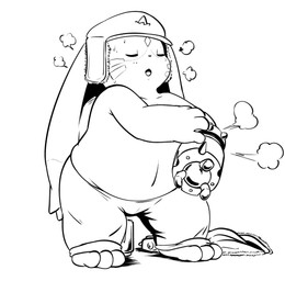 anthro barefoot belly bottomwear clothing feet gun gun_arm hat headgear headwear horn long_ears male overweight pants ranged_weapon solo standing tired weapon weapon_arm lkiws bandai_namco digimon digimon_(species) gargomon hi_res monochrome