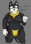 anthro belt big_bulge big_nipples black_body black_fur black_tail blue_eyes bulge dialogue fangs fur gesture hand_gesture heart_symbol kerchief male mask muscular muscular_male muscular_thighs nipples pecs pointing pointing_at_viewer simple_background tail teeth text thick_thighs white_body white_fur locitony atlus megami_tensei megami_tensei_persona persona_(series) persona_5 sega morgana_(persona) domestic_cat felid feline felis mammal tuxedo_cat english_text hi_res