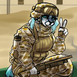 anthro armor blue_body blue_eyes body_armor clothing crouching fatigues female gesture hand_gesture looking_at_viewer military_uniform pose solo uniform v_sign lostwisdom felid feline mammal hi_res