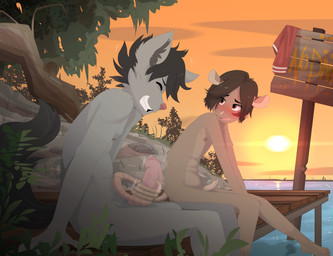 adolescent age_difference anthro balls black_hair blush bodily_fluids brown_body brown_fur clenched_teeth clothing clothing_aside cum detailed_background duo ejaculation erection eyes_closed foreskin fur genital_fluids genitals grey_body grey_fur hair hands-free lake looking_back male male/male nipples nude open_mouth orange_eyes orgasm outside partially_retracted_foreskin penis pier precum seaside sex shota sign sitting size_difference sunset tail tail_around_penis tail_fetish tail_play tail_sex tailjob teeth young young_anthro gothbunnyboy ketzio boony_(boony) piper_(ketzio_and_gbb) canid canine canis eulipotyphlan mammal shrew wolf hi_res