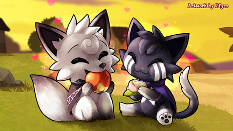 apple chibi clothing detailed_background duo eating food fruit grass heart_symbol joyful pawpads paws peach_(fruit) plant poncho rock sand sunset blitzdrachin conditional_dnp darwin_(quickfeet) canid canine domestic_cat felid feline felis fox mammal 16:9 widescreen