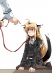 blonde_hair blush clothing collar dog_tail duo female hair leash legwear long_hair low-tied_long_hair military military_uniform pantyhose red_eyes solo_focus tail tied_hair tsab_executive_military_uniform uniform clipe lyrical_nanoha mahou_shoujo_lyrical_nanoha_strikers fate_testarossa takamachi_nanoha animal_humanoid canid canid_humanoid canine canine_humanoid dog_humanoid humanoid hybrid mammal mammal_humanoid