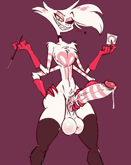 anthro balls big_balls big_penis black_sclera bodily_fluids chest_tuft cigarette cigarette_holder clothing condom dark_sclera erection femboy freckles fur genital_fluids genitals gloves gold_(metal) gold_tooth grin hair hand_on_penis handwear heart_symbol humanoid_genitalia humanoid_penis leggings legwear looking_at_viewer male penis pink_body pink_fur precum presenting presenting_penis red_eyes sexual_barrier_device sharp_teeth smile solo striped_genitalia striped_penis stripes teeth tuft vein veiny_penis white_body white_fur white_hair ghastlygh hazbin_hotel hellaverse angel_dust arachnid arthropod demon spider digital_media_(artwork)