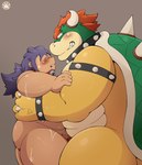 anthro anthro_dominating_human big_dom_small_sub big_moobs blush bodily_fluids bracelet collar dominant dominant_anthro dominant_male duo eye_contact genitals green_body grin hair holding_partner horn hug human_on_anthro interspecies jewelry larger_anthro larger_male long_hair looking_at_another male male/male moobs multicolored_body nude penis purple_hair red_hair shell size_difference slightly_chubby slightly_chubby_anthro slightly_chubby_human slightly_chubby_male smaller_human smaller_male smile spiked_bracelet spiked_collar spiked_shell spikes spikes_(anatomy) submissive submissive_human submissive_male sweat yellow_body pomupomu490 inazuma_eleven_go mario_bros nintendo amagi_daichi bowser human koopa mammal scalie crossover hi_res signature