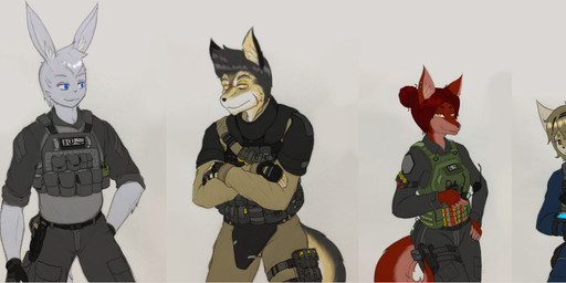 anthro female group hair male mercenary military soldier warrior zzinhimsum david_black edward_flemming_vishop frankie_jay_dimaggio helena_may_stanton keilah_juan_lopez mandy_hopkins_clover mark_hammond_smith monica_wiesel perkins_jonathan_lotty seno_kalladia spade_rackham thomas_joseph_diamond canid canine domestic_cat eulipotyphlan felid feline felis fennec_fox fox hedgehog lagomorph leopard leporid lynx mammal pantherine rabbit true_fox absurd_res hi_res long_image wide_image