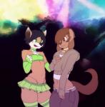 abstract_background anthro armwear bandeau bottomwear brown_body brown_eyes brown_fur clothed clothing collar crop_top crossdressing duo elbow_gloves femboy fingerless_gloves footwear fur gloves green_eyes hair hair_over_eye handwear happy hoodie legwear male middle_part midriff miniskirt navel one_eye_obstructed orange_body orange_fur panties panty_shot shirt short_hair simple_background skimpy skirt smile socks tail thick_thighs thong topwear underwear wide_hips doxy marty_(onta) raynard canid canine canis domestic_dog fox mammal hi_res