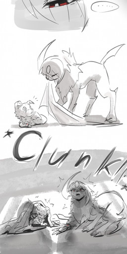 ambiguous_gender blood bodily_fluids claws duo eyes_closed feral fur red_eyes simple_background standing tail teeth tenebscuro nintendo pokemon absol generation_3_pokemon generation_7_pokemon pokemon_(species) rockruff 2026 absurd_res comic digital_drawing_(artwork) digital_media_(artwork) hi_res long_image tall_image