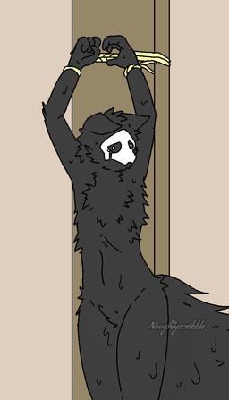 ambiguous_gender anthro bdsm black_sclera bodily_fluids bondage bone bone_mask bound bound_to_wall crying dark_body ears_down fluffy fluffy_tail fur hands_above_head hands_tied mask neck_tuft pivoted_ears rope scared skull skull_mask solo tail tears tuft white_eyes naughtyscribble changed_(video_game) puro_(changed) canid canine canis dark_latex goo_creature mammal 2025