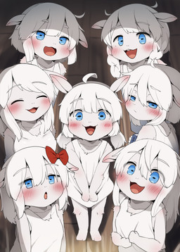 accessory ahoge anthro biped blue_book blue_eyes blush bodily_fluids book bow_ribbon braided_hair clothing detailed_background dress eyebrows eyes_closed feet female fur group hair hair_accessory hair_bow hair_ribbon high-angle_view holding_book holding_object horizontal_pupils looking_at_viewer open_:3 open_mouth open_smile pupils red_hair_bow ribbons shadow smile standing sweat teeth tongue topwear white_body white_clothing white_dress white_fur white_hair young young_female dagasi fairy_tales the_wolf_and_the_seven_little_goats bovid caprine goat mammal 2025 hi_res