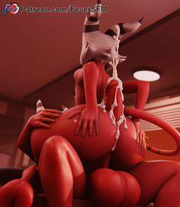 2_horns 5_fingers balls big_balls big_penis bodily_fluids butt cum cum_on_butt cum_on_penis duo erection fingers genital_fluids genitals glans glistening glistening_balls glistening_genitalia glistening_legs gynomorph gynomorph/male hair hand_on_butt horn hot_dogging intersex intersex/male male not_furry nude penis red_balls red_body red_penis red_skin sex tail text white_hair feversfm valorlynz_(modeler) hellaverse helluva_boss moxxie_(helluva_boss) sallie_may_(helluva_boss) demon imp 2024 3d_(artwork) digital_media_(artwork) hi_res url trans_(lore) trans_woman_(lore)