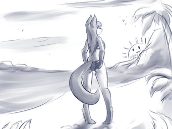 5_fingers anthro bikini breasts clothed clothing day detailed_background female fingers hair outside sky solo sun swimwear two-piece_swimsuit infinitedge canid canine canis mammal wolf 2020 4:3 digital_media_(artwork) hi_res sketch