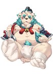 anthro asian_clothing belly blue_eyes blush bulge clothing east_asian_clothing footwear fundoshi fur japanese_clothing male moobs nipples overweight socks solo underwear white_body white_fur young hechaxianzhi asian_mythology east_asian_mythology japanese_mythology lifewonders mythology tokyo_afterschool_summoners agyo_(tas) foo_dog komainu mammal yokai absurd_res hi_res