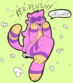 anthro anthro_to_inanimate blush consensual_transformation eyes_closed facial_markings female green_background head_markings heart_nose heart_symbol inanimate_transformation markings mask_(marking) one_leg_up pink_body plushie plushification poof_transformation raised_leg ring_(marking) ringed_tail simple_background solo striped_markings striped_tail stripes tail tail_markings transformation transformation_through_magic bigsteppies noodle_(aimkid) animate_inanimate domestic_ferret living_plushie mammal mustelid musteline true_musteline weasel hi_res