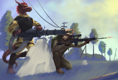 anthro armor army bullet bullet_casing clothed clothing cloud crouching detailed_background duo fn_fal fully_clothed fur gatling_gun ghillie_suit grass grey_body grey_fur gun holding_gun holding_object holding_ranged_weapon holding_weapon horn machine_gun male military military_clothing military_uniform minigun orange_eyes outside plant ranged_weapon red_body red_eyes red_scales rifle scales scope shooting sky sniper_rifle standing tail teeth tree uniform war weapon thepimpartist mythology dragon hyena mammal mythological_creature mythological_scalie scalie 2018 hi_res painting_(artwork) traditional_media_(artwork)