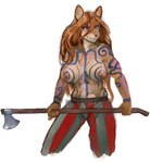 abs anthro areola axe bared_teeth big_areola big_breasts breasts celtic_tattoos clothed clothing female fur_tattoo hair holding_object holding_weapon long_hair purple_eyes simple_background topless topless_anthro weapon white_background banoncat canid canine canis domestic_dog mammal 2023