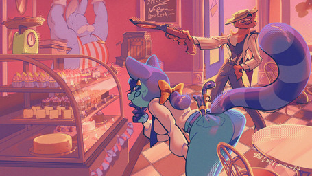5_fingers anthro bakery big_butt black_nose blue_body blue_fur butt clothed clothed_anthro clothed_female clothed_male clothing detailed_background eyewear female fingers fur glasses group gun handgun hat headgear headwear humanoid_hands male male/female markings ranged_weapon red_body red_fur revolver ring_(marking) ringed_tail robbery shirt shotgun striped_markings striped_tail stripes tail tail_markings teeth tongue tongue_out topwear trio weapon wearing_glasses wearing_hat squiderdoodle cazadora_(rentonreverb) dandy_(rentonreverb) canid canine canis coyote lagomorph leporid mammal procyonid rabbit raccoon 16:9 hi_res widescreen