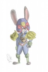 3_toes anthro armor biped clothed clothing cosplay crossover_cosplay feet female frown fully_clothed fur grey_body grey_fur hand_on_hip headgear helmet long_ears pauldron simple_background solo standing toes white_background astronautdk disney judge_dredd_(franchise) zootopia judge_dredd_(character) judy_hopps lagomorph leporid mammal rabbit crossover