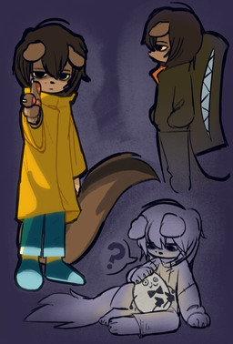 anthro backpack big_tail bottomwear brown_body brown_fur brown_hair chest_tuft claws clothed clothing coat dead_eyes egg feet floppy_ears fluffy fluffy_tail fur gesture hair hand_gesture jacket looking_at_viewer male markings mole_(marking) mole_under_eye multicolored_body multicolored_fur multiple_outfits pants pawpads pointing raincoat side_view sitting solo standing student tail tan_body tan_fur teeth topwear tuft marpystar march_(marpystar) canid canine canis domestic_dog mammal hi_res