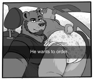 anthro butt car clothing diaper driving fur manor presenting presenting_hindquarters shirt smile smirk star_pattern steering_wheel t-shirt text topwear vehicle bottlebear he_wants_to_order dennis bear mammal english_text meme monochrome
