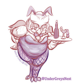alcohol anthro belly belly_overhang beverage bottle bow_tie bunny_costume cheek_tuft claws clothing condom container costume digitigrade facial_tuft fake_ears fake_rabbit_ears fat_rolls feathers feet finger_claws fishnet_clothing fishnet_legwear fluffy fluffy_chest half-closed_eyes head_feathers latex legwear looking_at_viewer male moobs narrowed_eyes neck_rolls overweight overweight_male seductive serving_tray sexual_barrier_device solo suggestive tail tail_feathers talon_hands talons toe_claws toes tuft wings undergreysnest dungeons_and_dragons hasbro wizards_of_the_coast barbertos_troulasorn_(undergreysnest) avian bird great_horned_owl horned_owl owl owlin true_owl colored_sketch dated signature sketch sketch_page watermark
