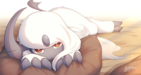 3_fingers 3_toes ambiguous_feral ambiguous_gender bed brown_eyes claw_toes claws feet feral finger_claws fingers fur furniture grey_body hair kemono looking_at_viewer lying on_bed on_front pillow solo tail toe_claws toes white_body white_fur white_hair zinfyu nintendo pokemon lute_(zinfyu) absol canid generation_3_pokemon mammal pokemon_(species) 2021 absurd_res alternate_version_at_source dated digital_media_(artwork) hi_res shaded signature female_(lore)