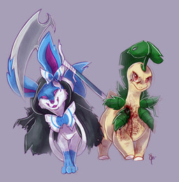 ambiguous_gender blood blue_body bodily_fluids cloak clothing duo feral green_body grin looking_at_viewer pale_body purple_eyes red_eyes smile weapon white_body spacesmilodon nintendo pokemon healer_(straviios) bayleef eeveelution generation_2_pokemon generation_6_pokemon pokemon_(species) sylveon 2015 absurd_res hi_res