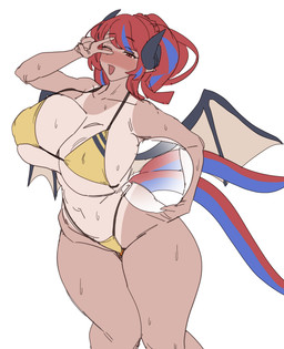 2_horns 2_tails ball big_breasts bikini black_horn blue_tail blush bodily_fluids breasts clothing curved_horn female gesture hair hand_gesture highlights_(coloring) holding_ball holding_object horn huge_breasts legs_together looking_at_viewer membrane_(anatomy) membranous_wings multi_tail multicolored_hair navel nipple_outline one_eye_closed open_mouth open_smile pupils red_eyes red_hair red_tail short_hair simple_background slit_pupils smile solo sunburn sweat sweaty_body sweaty_skin swimwear tail tan_body tan_skin thick_thighs triangle_bikini two-piece_swimsuit two_tone_hair two_tone_tail v_sign volleyball_(ball) wet wet_body wet_skin white_background wide_hips wings yellow_bikini yellow_clothing yellow_swimwear gyrbdark mythology trickcal neti_(trickcal) animal_humanoid dragon dragon_humanoid humanoid mythological_creature mythological_scalie scalie 2026 absurd_res colored_sketch digital_drawing_(artwork) digital_media_(artwork) hi_res sketch