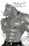 abs anthro athletic barazoku belt biceps big_muscles biped blush bottomwear clothed clothing doctor eyewear facial_hair front_view glasses grey_body grey_eyes grey_skin grin hair horn looking_at_viewer male medical_instrument muscular muscular_anthro muscular_male nipples open_clothing open_shirt open_topwear pants pecs pose scientific_instrument shirt smile solo standing stethoscope text topless topwear undressing white_hair hentist hazardbarzard arty_mcmann mammal rhinoceros 2013 english_text