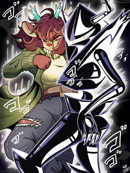 anthro antlers band-aid band-aid_on_face band-aid_on_nose bandage bandage_on_face bandage_on_nose belt bottomwear breasts brown_body brown_fur brown_hair clothed clothed_anthro clothed_female clothing denim denim_bottomwear denim_clothing female freckled_face freckles fully_clothed fully_clothed_anthro fully_clothed_female fur green_antlers hair horn jeans midriff pants pose red_nose solo sweater text topwear turtleneck adriany deltarune jojo's_bizarre_adventure menacing_(meme) undertale_(series) dess_holiday roaring_knight deer horned_humanoid humanoid mammal new_world_deer reindeer stand_(jjba) 2025 3:4 english_description hi_res japanese_text meme signature