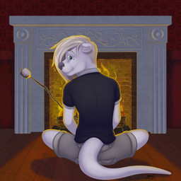 anthro biped blonde_hair bottomwear candy cargo_shorts clothed clothing collared_shirt dessert fire fireplace floor food fully_clothed fur green_eyes hair inside log looking_at_viewer looking_back looking_back_at_viewer male markings marshmallow mole_(marking) on_ground polo_shirt rear_view shirt shorts sitting smile solo stick topwear white_body white_fur wood wood_floor milo_nettle slink_(character) mammal mustelid otter 1:1 signature