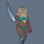 anthro blade_arm blue_body blue_horn blue_scales breasts brown_body brown_fur clothing empty_eyes fangs female front_view fur green_clothing green_swimwear grey_background horn looking_at_viewer nipple_outline red_body red_scales scales simple_background solo swimwear tan_body tan_fur teeth thick_thighs wide_hips yellow_eyes cheese.crisp capcom monster_hunter goss_harag 1:1 hi_res