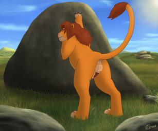 animal_genitalia animal_penis anus arms_above_head balls blue_sky butt digitigrade erection feral fur genitals grass leaning leaning_forward looking_at_viewer male mane multicolored_body multicolored_fur outside penis plant pose presenting raised_tail rock sky smile solo spreading sun tail yellow_sclera tellico disney the_lion_king simba_(the_lion_king) felid lion mammal pantherine 6:5 hi_res