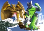 3_toes 4_toes 5_fingers abs anthro balls beak black_penis bodily_fluids brown_body building building_destruction claws crush cum cumshot destruction duo ejaculation erection extreme_size_difference feathered_wings feathers feet finger_claws fingers foot_crush genital_fluids genitals green_body house humanoid_genitalia humanoid_penis kneeling macro macro_anthro macro_male male masturbation mountain muscular muscular_anthro muscular_male nude orgasm outside pawpads paws pecs penile penile_masturbation penis plant size_difference sky smile snow stomping tail teeth toe_claws toes tree wings wooden_house soonico mythology carpo tegon_(dsc85) avian dragon gryphon mythological_avian mythological_creature mythological_scalie scalie
