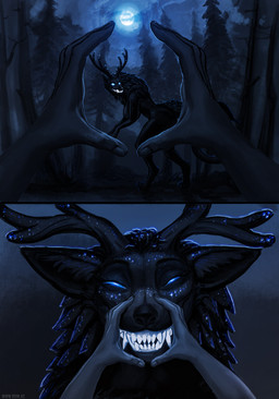 ambiguous_gender anthro antlers big_breasts bioluminescence black_body black_fur breasts casual_nudity darkness duo fangs female female_focus first_person_view forest fur glowing glowing_eyes glowing_teeth holding_snout horn long_tail moon nails night paws plant pointy_ears sharp_teeth sparkles squinted_eyes tail teeth tree two_panel_image lenika vitaly_s_alexius american_mythology indigenous_north_american_mythology mythology north_american_mythology stupid_sexy_cryptids starshade cryptid human mammal omnid wendigo 3d_(artwork) digital_media_(artwork) hi_res