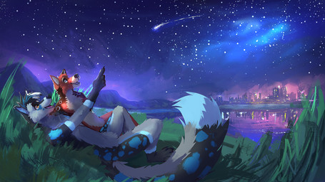 anthro biped black_nose blue_body blue_eyes blue_fur city detailed_background duo featureless_crotch fur gesture grass grey_body grey_fur hand_gesture lying male mountain night nude on_back open_mouth orange_body orange_fur outside plant pointing reflection shooting_star sky star starry_sky tongue water yellow_eyes berubeswagos canid canine mammal 16:9 2021 digital_media_(artwork) digital_painting_(artwork) hi_res painting_(artwork) widescreen