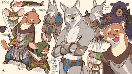 anthro archer armor bow_(weapon) cape clothing fur gesture grey_body grey_fur group hand_gesture hood male melee_weapon pointing ranged_weapon sword text thong unconvincing_armor underwear weapon dahecksajerry banners_of_ruin francis_(banners_of_ruin) isolde_(banners_of_ruin) landon_(banners_of_ruin) bear canid canine canis mammal mouse murid murine mustelid musteline rodent true_musteline weasel wolf 16:9 english_text widescreen