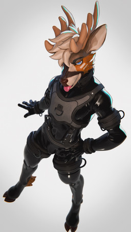 anthro antlers black_bodysuit black_clothing black_collar black_latex black_skinsuit blue_eyes bodysuit brown_body brown_fur bulge clothed clothed_anthro clothed_male clothing collar fur hair harness hooves horn latex latex_bodysuit latex_clothing latex_skinsuit looking_at_viewer male multicolored_body multicolored_fur orange_body orange_fur skinsuit solo tan_body tan_fur tan_hair tight_clothing tongue tongue_out kekpuro deer mammal 2026 hi_res