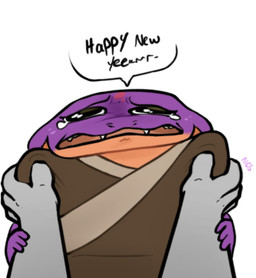 4_fingers bodily_fluids clothed clothing duo eyebrows fangs female fingers grey_body holidays open_mouth purple_body sad snake_hood tears teeth text ncs new_year anon keeshee human mammal reptile scalie snake 2022 english_text hi_res reaction_image