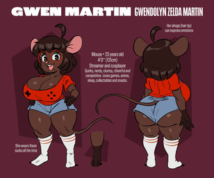 anthro biped bottomwear breasts butt clothed clothing eyelashes eyewear female fingers footwear glasses hair open_mouth pupils red_clothing shorts simple_background smile socks text thick_thighs three-quarter_view wearing_glasses white_sclera joaoppereiraus gwen_geek gwen_martin mammal mouse murid murine rodent hi_res